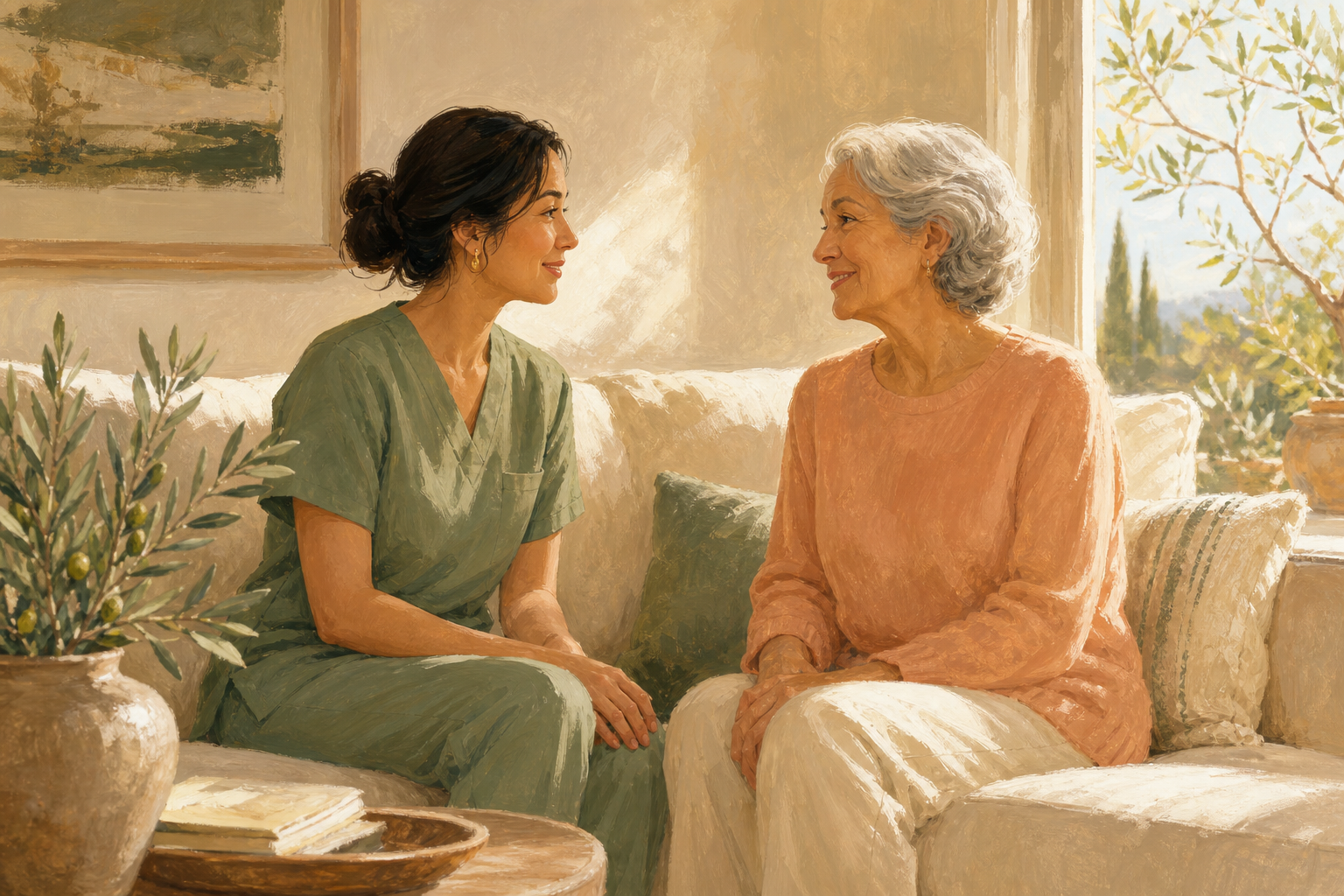 An illustration of a caregiver and an older woman sharing a warm conversation at home.